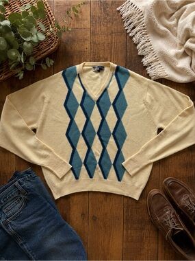 Kintyre Scotland 100% Cashmere Argyle V-Neck Sweater Men’s US XL Beige Blue